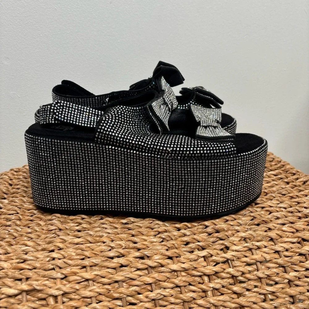 Platform Wedge Sandals with Bow Accent - Black Crystal